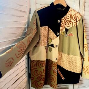 vintage allure L  blazer textured patchwork 100% cotton art to wear